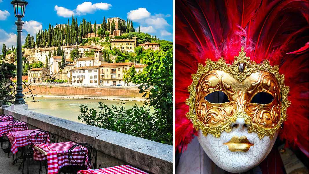 Utsikt över floden i Verona från resturang, och teatermask från operan
